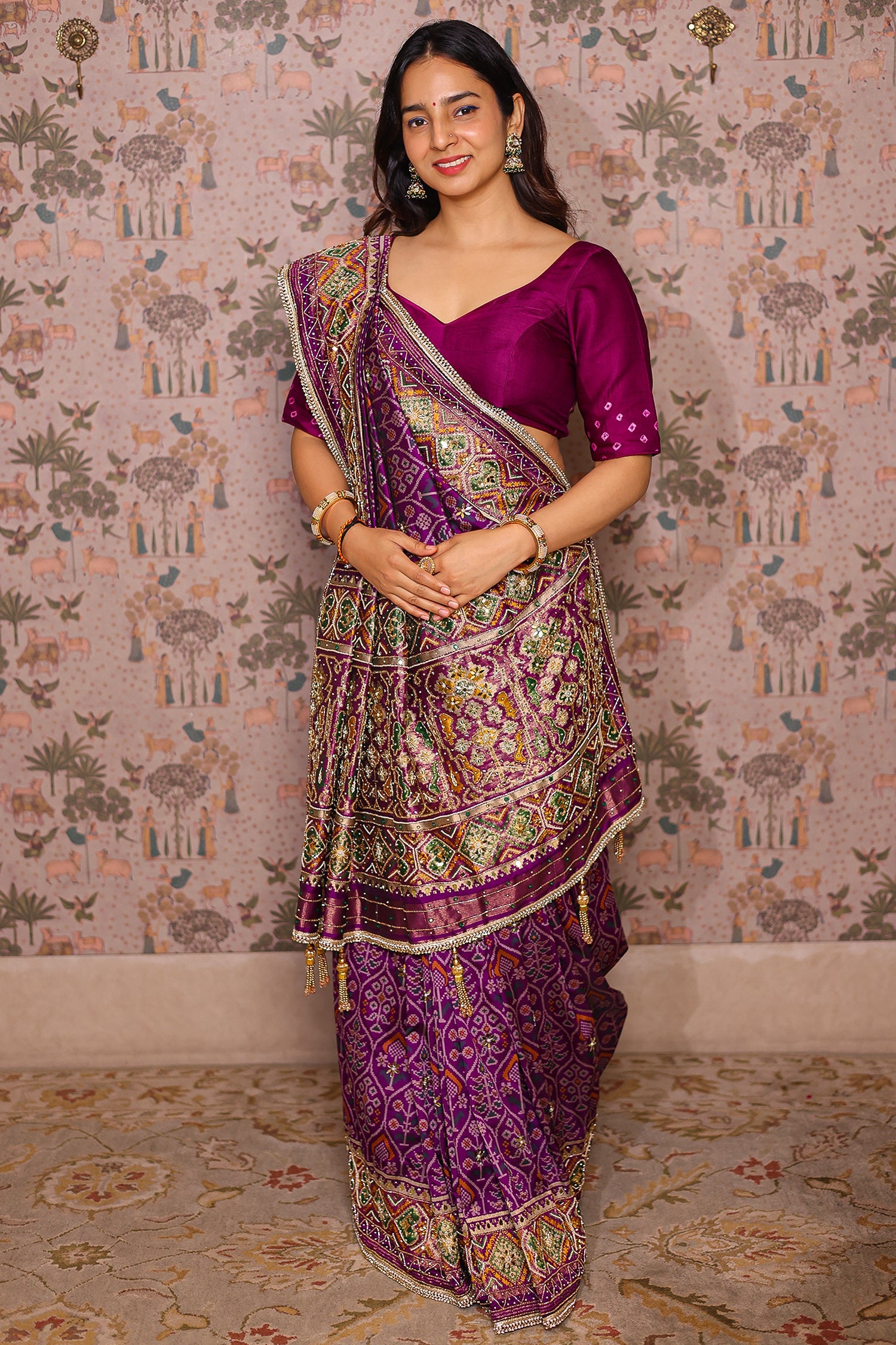 Purple Silk Traditional Woven Patola Saree with Cutdana and Beads Work - purple silk saree patola