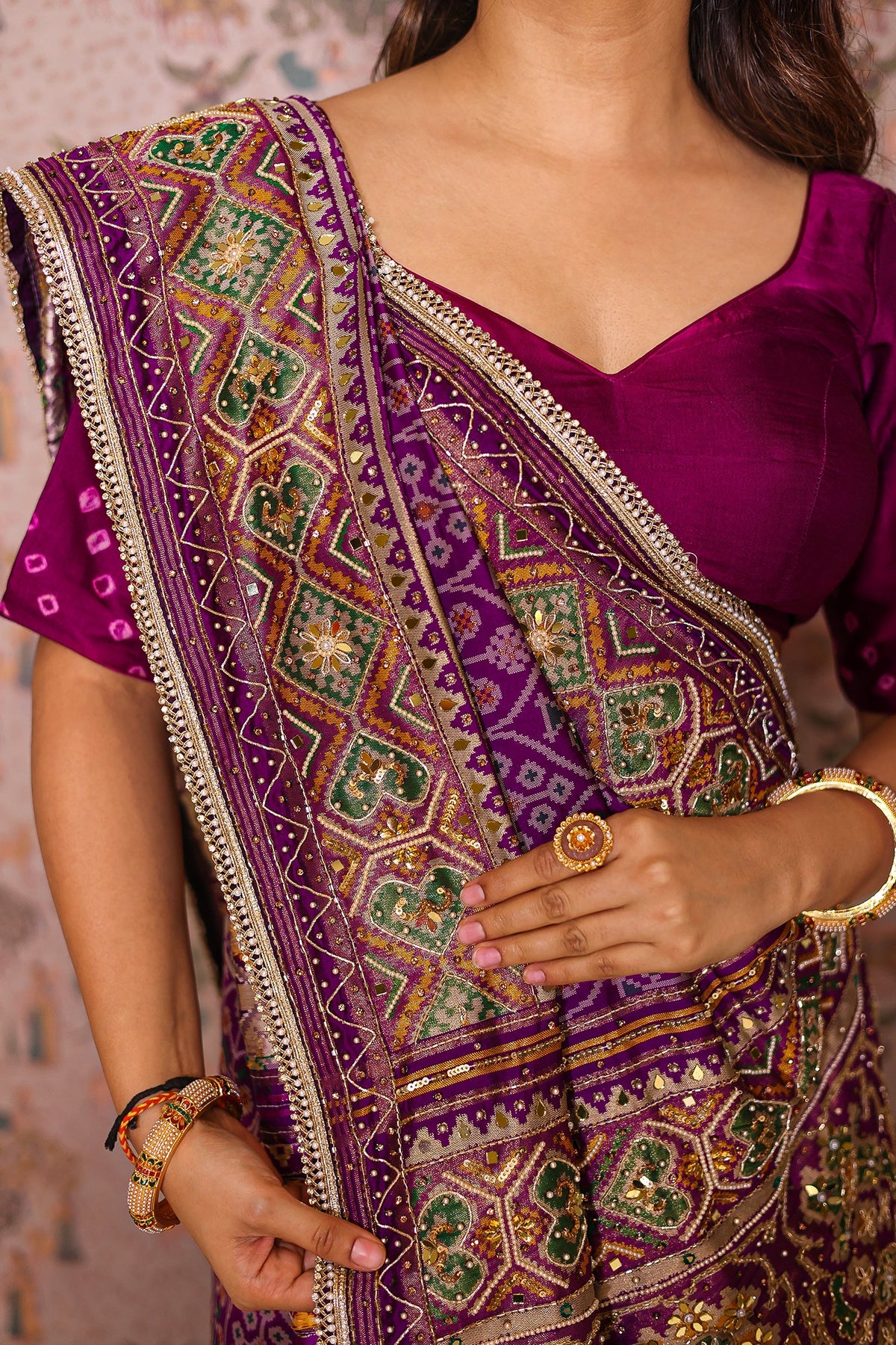Purple Silk Traditional Woven Patola Saree with Cutdana and Beads Work - purple silk saree patola