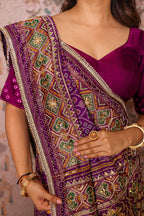 Purple Silk Traditional Woven Patola Saree with Cutdana and Beads Work - purple silk saree patola