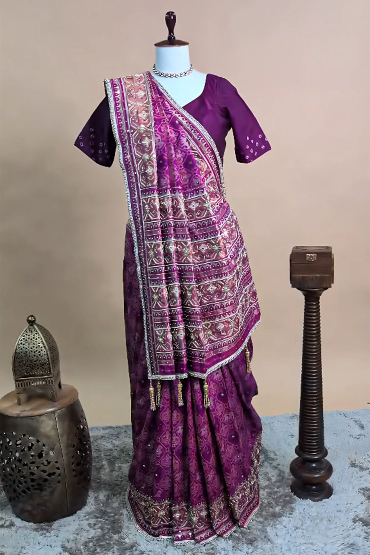 Rani Pink Silk Traditional Woven Patola Saree with Cutdana and Beads Work - pink silk saree patola