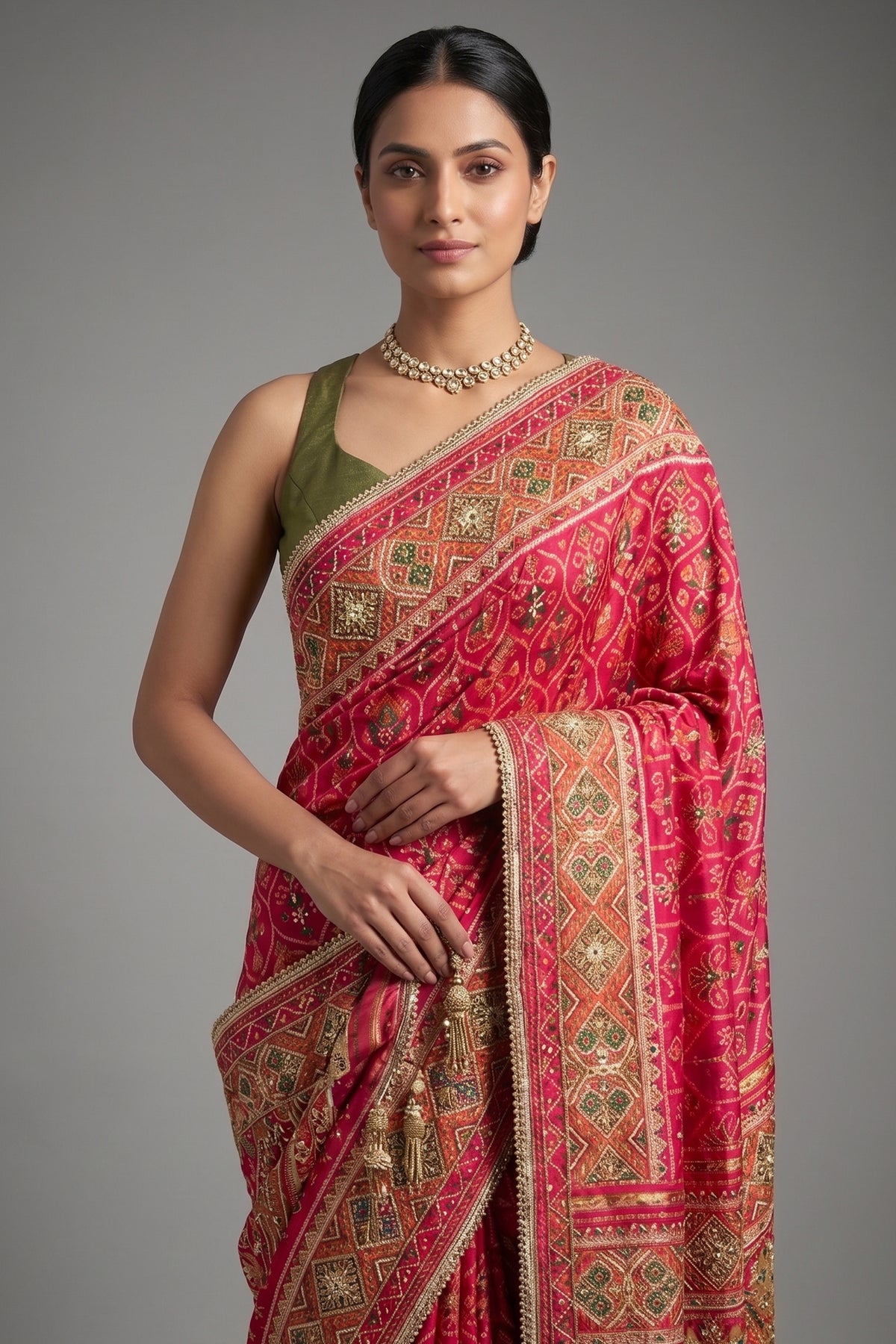 Pink Silk Traditional Woven Patola Saree with Cutdana and Beads Work - pink silk saree patola