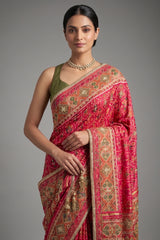 Pink Silk Traditional Woven Patola Saree with Cutdana and Beads Work - pink silk saree patola