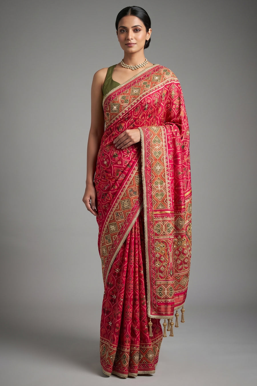 Pink Silk Traditional Woven Patola Saree with Cutdana and Beads Work - pink silk saree patola