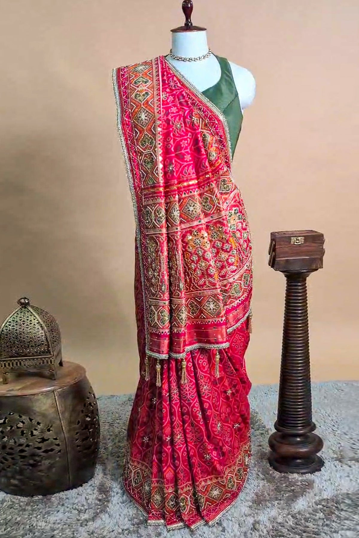 Pink Silk Traditional Woven Patola Saree with Cutdana and Beads Work - pink silk saree patola