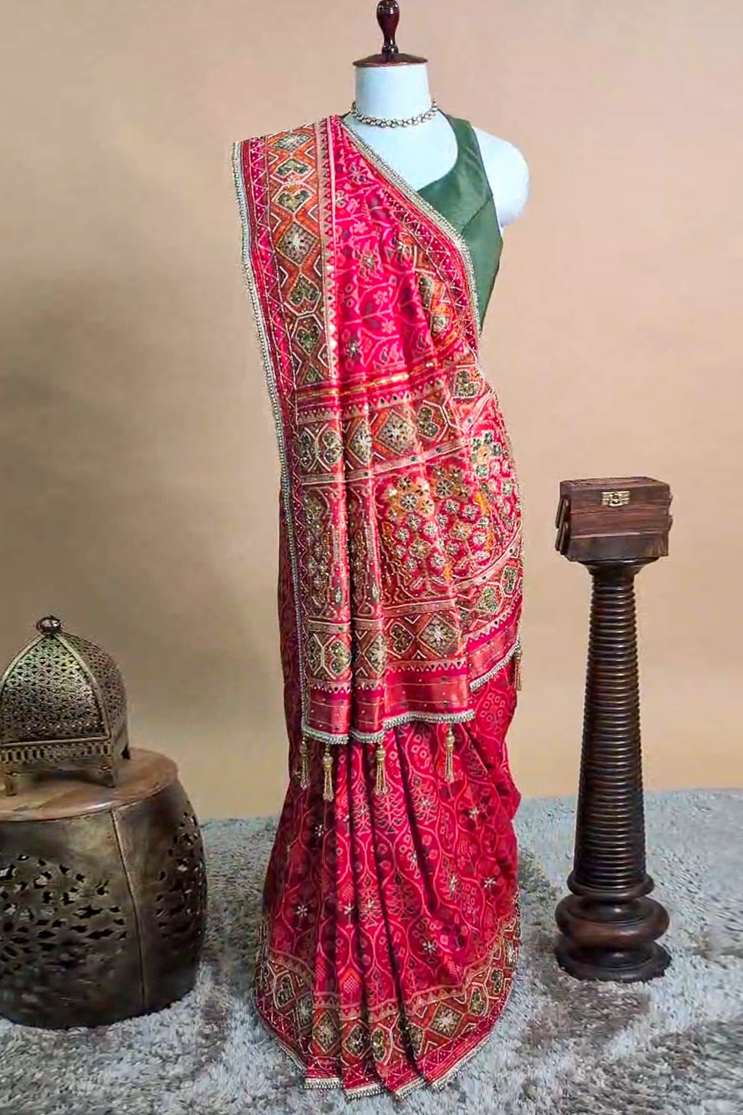 Pink Silk Traditional Woven Patola Saree with Cutdana and Beads Work - pink silk saree patola