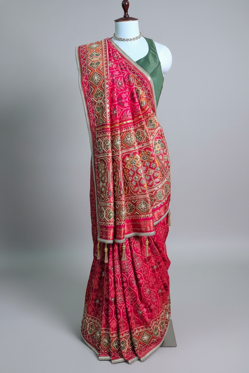 Pink Silk Traditional Woven Patola Saree with Cutdana and Beads Work - pink silk saree patola