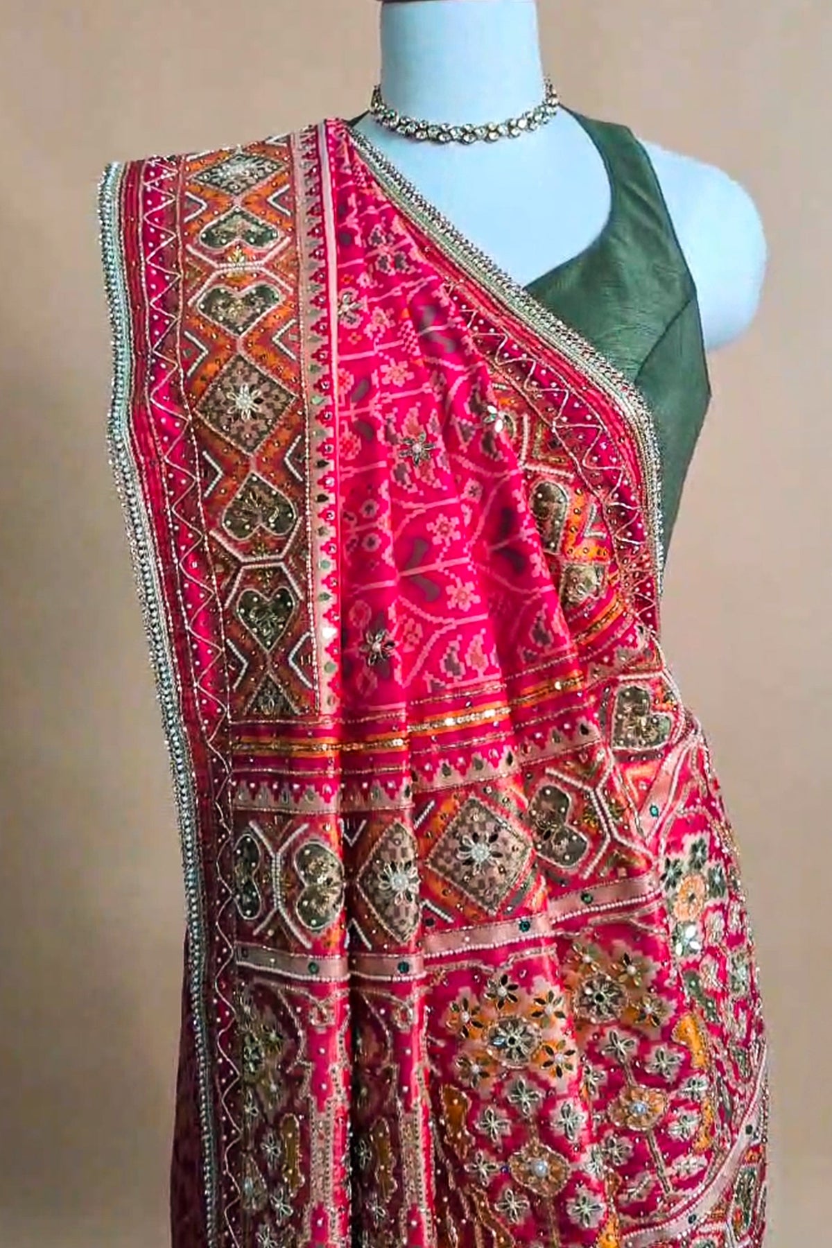 Pink Silk Traditional Woven Patola Saree with Cutdana and Beads Work - pink silk saree patola