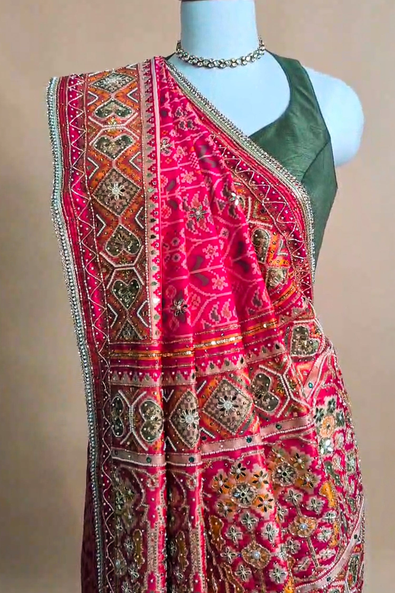 Pink Silk Traditional Woven Patola Saree with Cutdana and Beads Work - pink silk saree patola