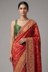Red Silk Traditional Woven Patola Saree with Cutdana and Beads Work - red silk saree patola