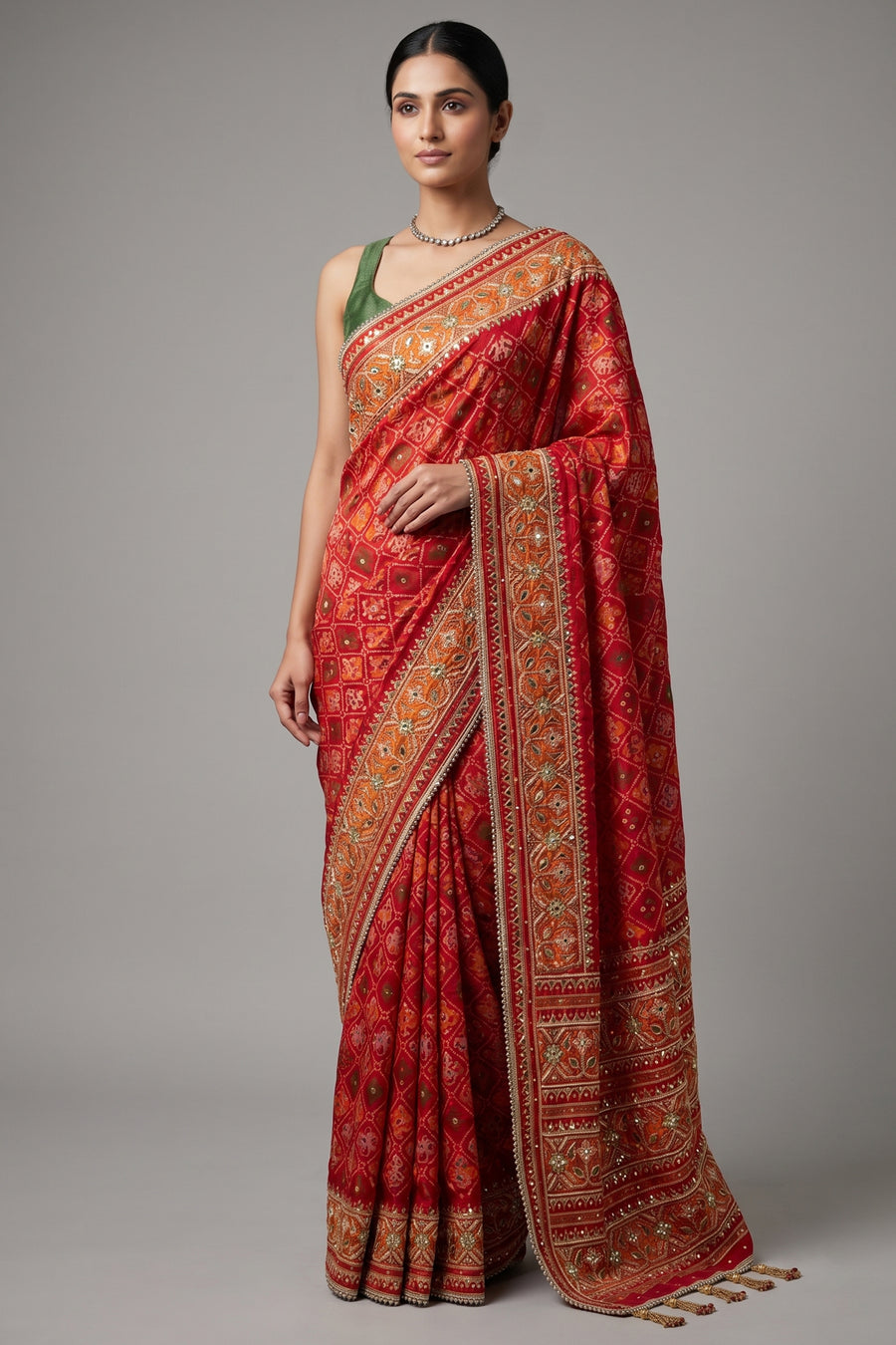 Red Silk Traditional Woven Patola Saree with Cutdana and Beads Work - red silk saree patola