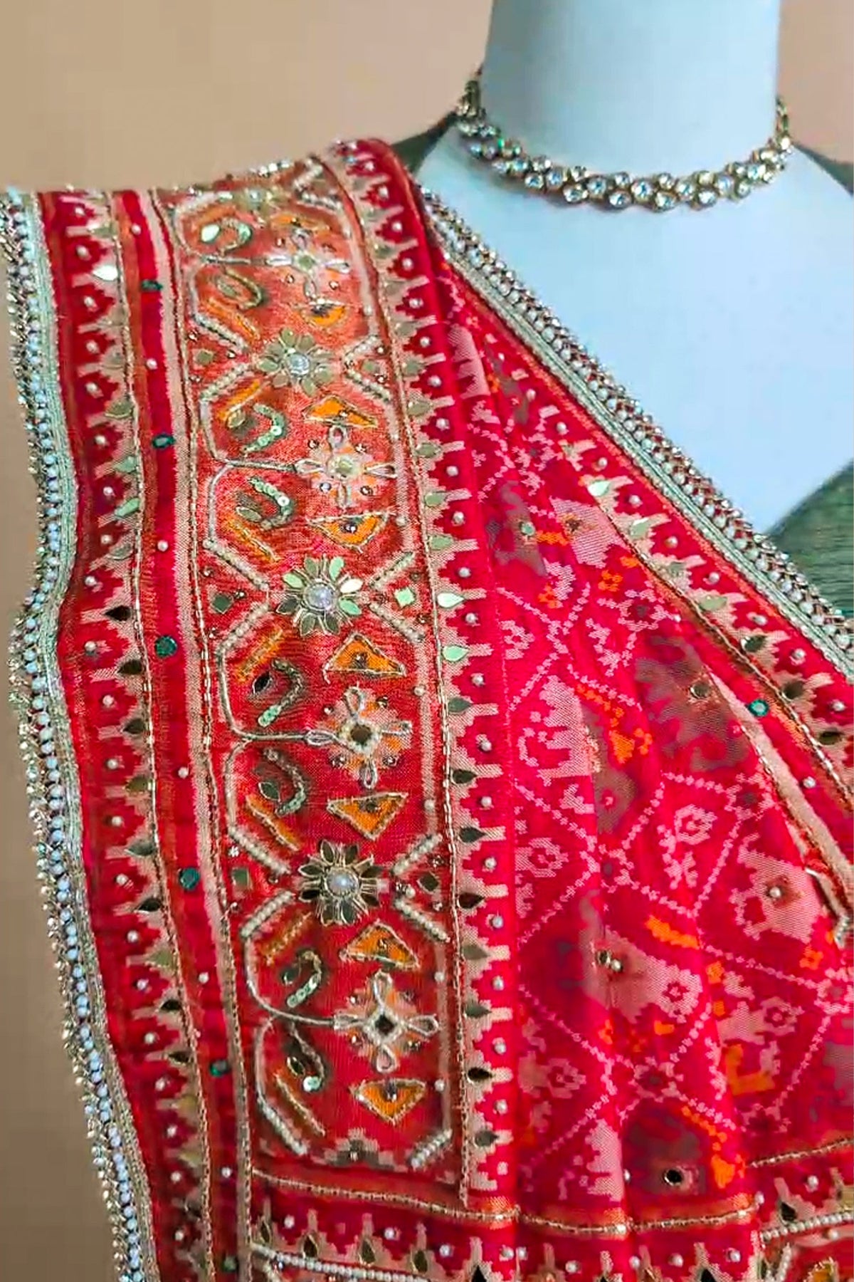 Red Silk Traditional Woven Patola Saree with Cutdana and Beads Work - red silk saree patola