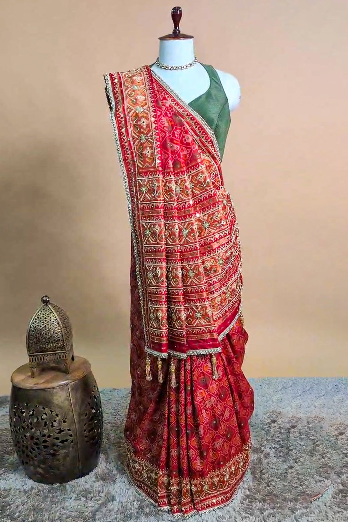 Red Silk Traditional Woven Patola Saree with Cutdana and Beads Work - red silk saree patola
