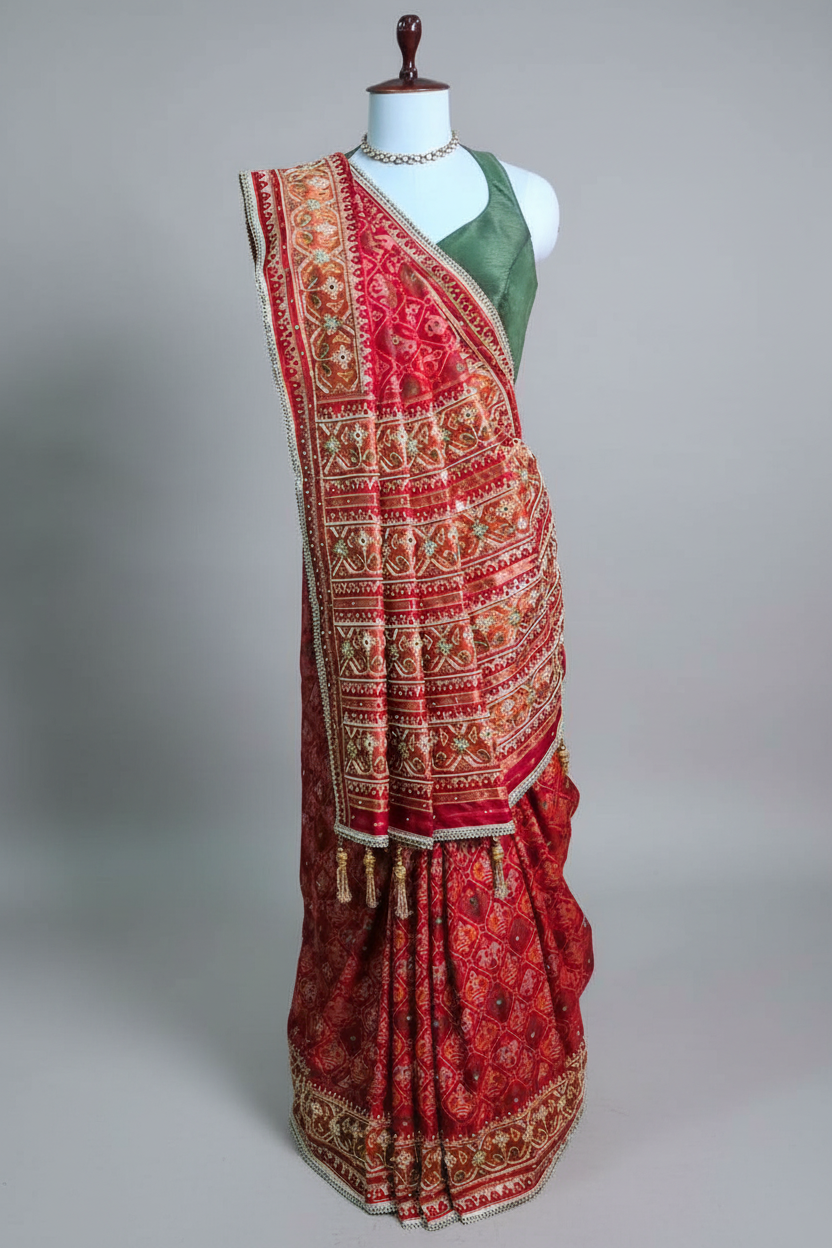 Red Silk Traditional Woven Patola Saree with Cutdana and Beads Work - red silk saree patola