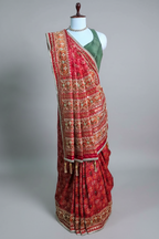 Red Silk Traditional Woven Patola Saree with Cutdana and Beads Work - red silk saree patola
