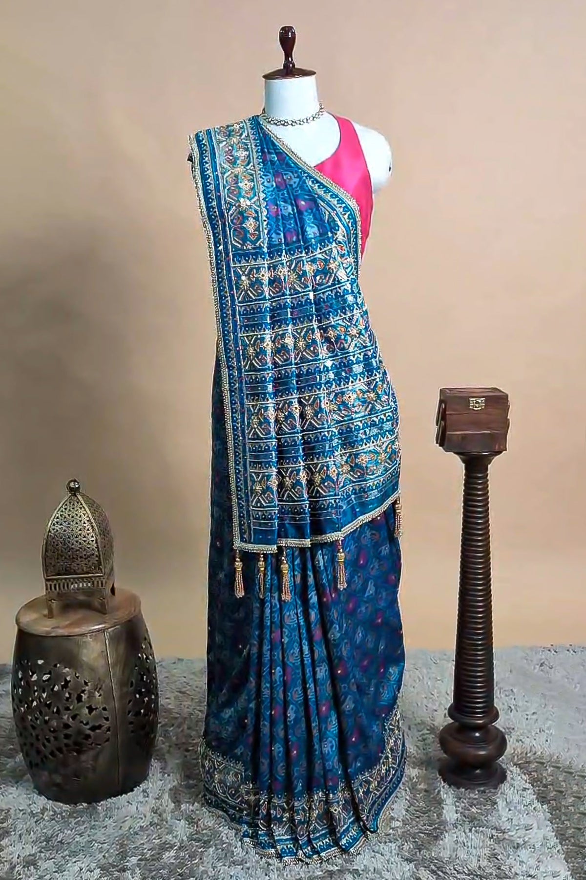 Sky Blue Silk Traditional Woven Patola Saree with Cutdana and Beads Work - blue silk saree patola