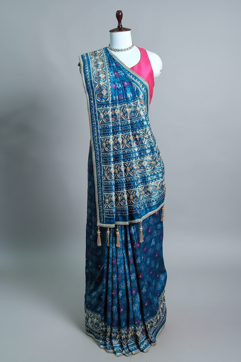 Sky Blue Silk Traditional Woven Patola Saree with Cutdana and Beads Work - blue silk saree patola
