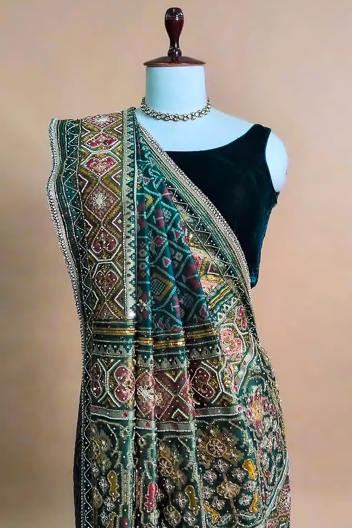 Green Silk Traditional Woven Patola Saree with Cutdana and Beads Work - green silk saree patola