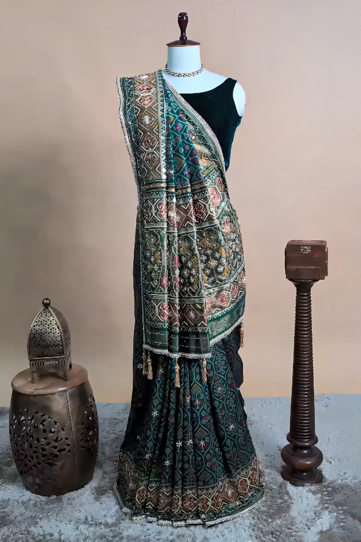 Green Silk Traditional Woven Patola Saree with Cutdana and Beads Work - green silk saree patola
