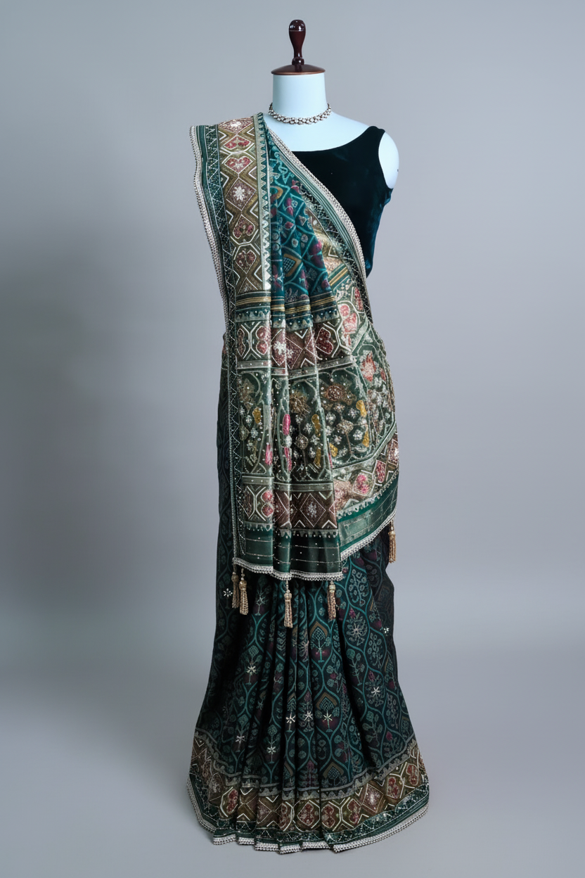 Green Silk Traditional Woven Patola Saree with Cutdana and Beads Work - green silk saree patola