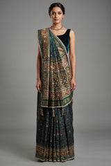 Green Silk Traditional Woven Patola Saree with Cutdana and Beads Work - green silk saree patola