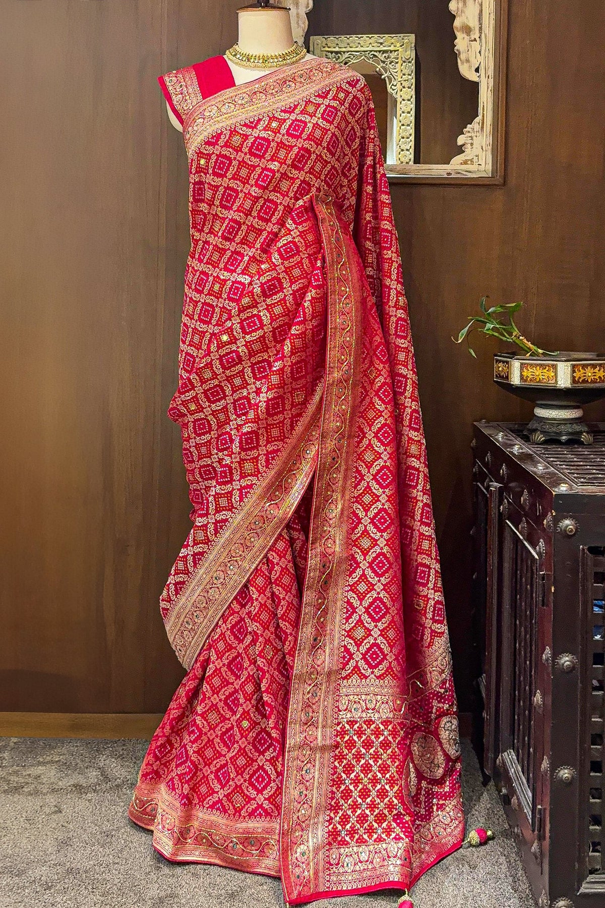 Pink Georgette Checks Bandhej Woven Saree with Cutdana and Applique Work