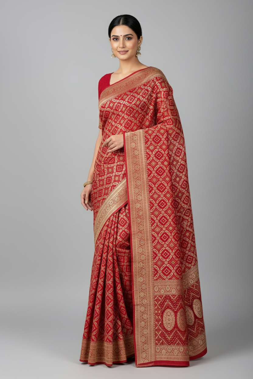 Pink Georgette Checks Bandhej Woven Saree with Cutdana and Applique Work