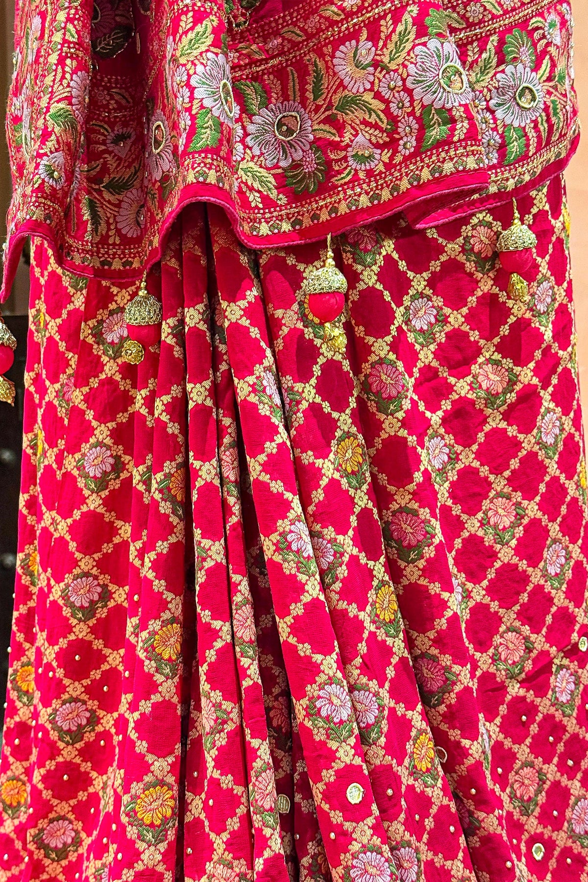 Pink Georgette Floral Woven Bandhej Saree with Cutdana - pink georgette saree bandhej