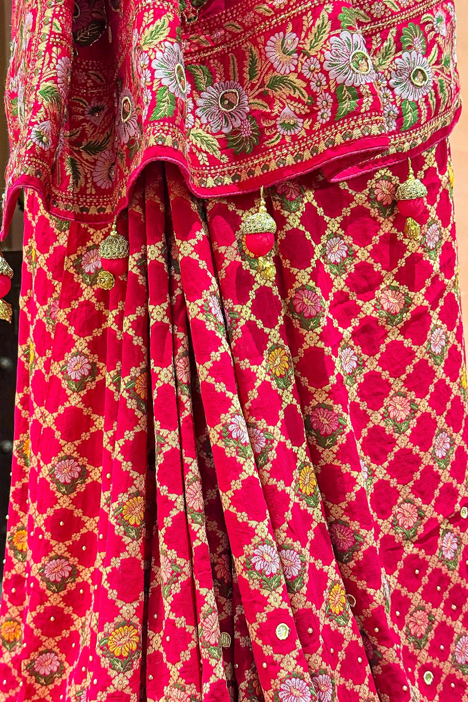 Pink Georgette Floral Woven Bandhej Saree with Cutdana - pink georgette saree bandhej