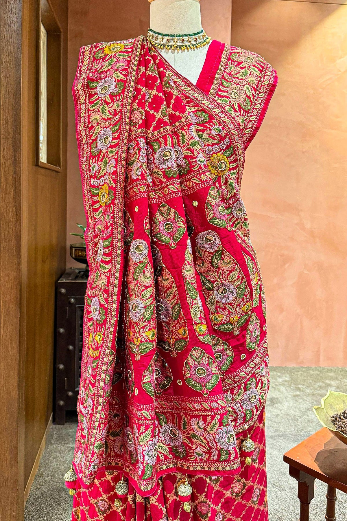 Pink Georgette Floral Woven Bandhej Saree with Cutdana - pink georgette saree bandhej