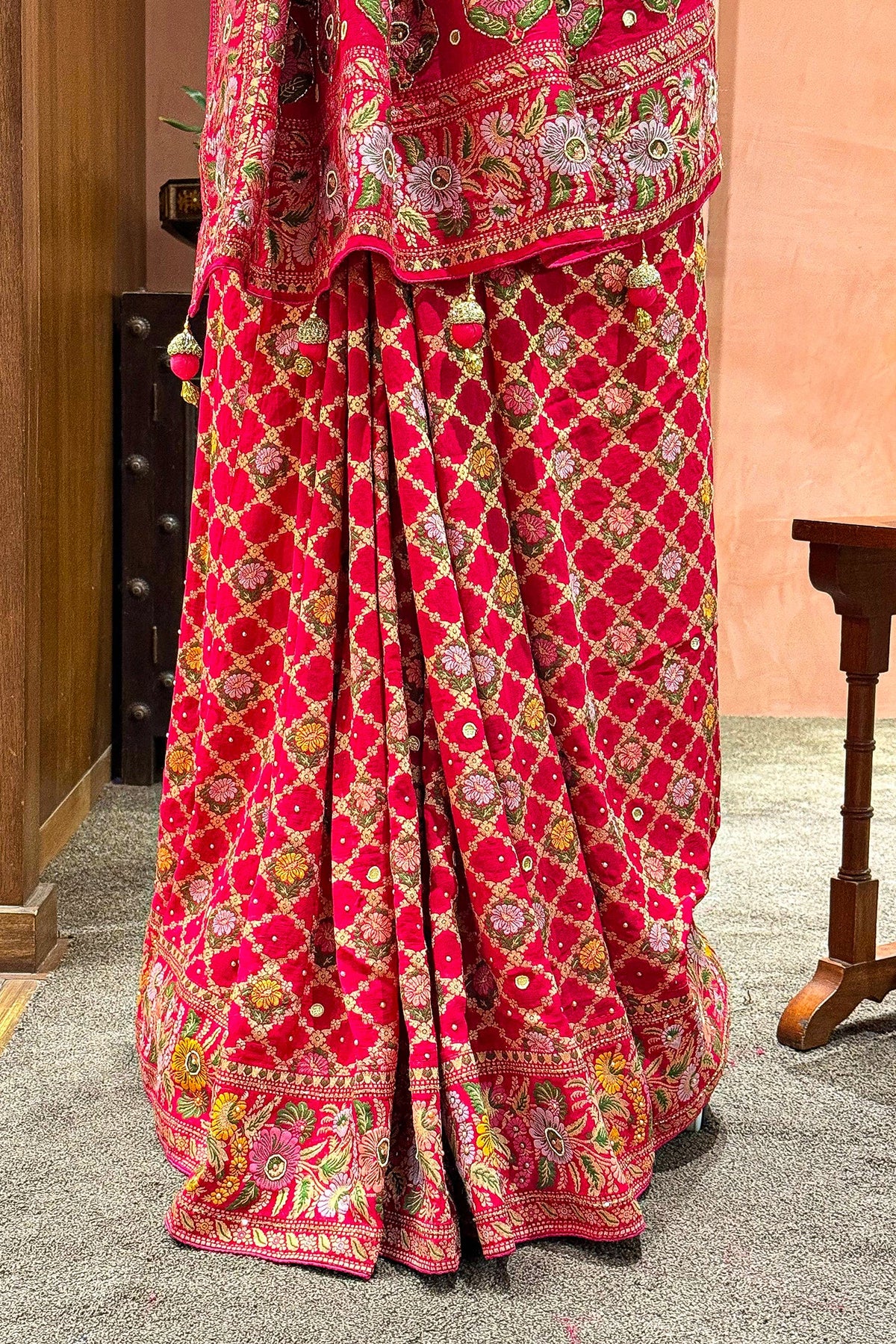 Pink Georgette Floral Woven Bandhej Saree with Cutdana - pink georgette saree bandhej