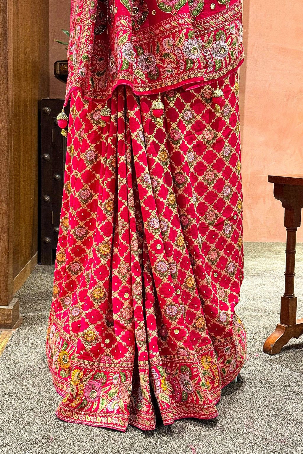 Pink Georgette Floral Woven Bandhej Saree with Cutdana - pink georgette saree bandhej