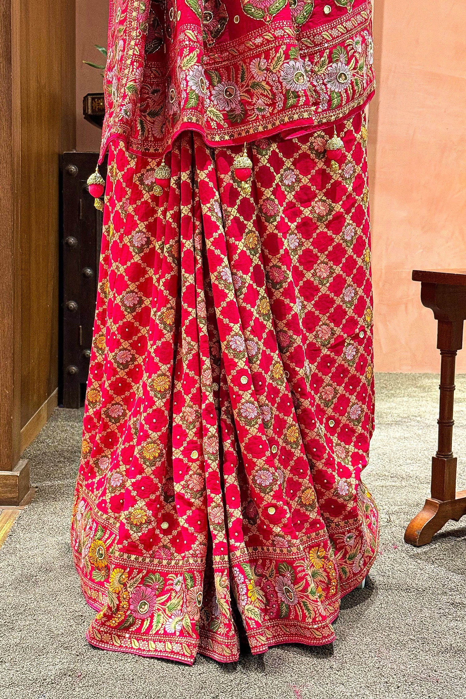 Pink Georgette Floral Woven Bandhej Saree with Cutdana - pink georgette saree bandhej