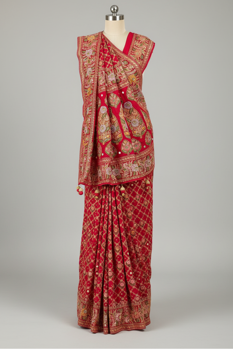 Pink Georgette Floral Woven Bandhej Saree with Cutdana - pink georgette saree bandhej