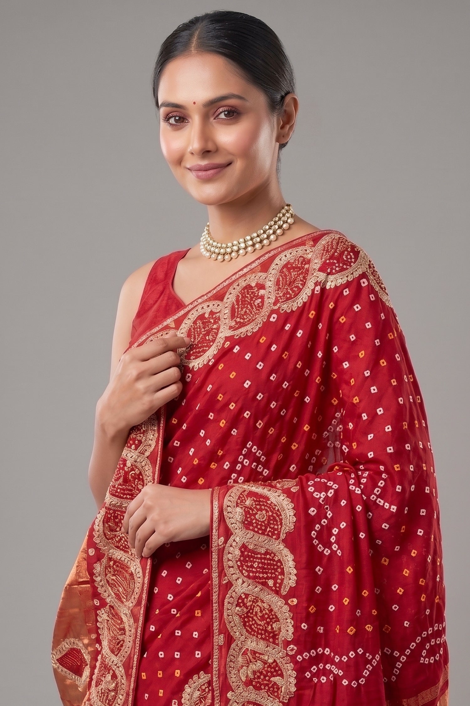 Red Dola Silk Bandhej Saree with Gota Work Secondary image