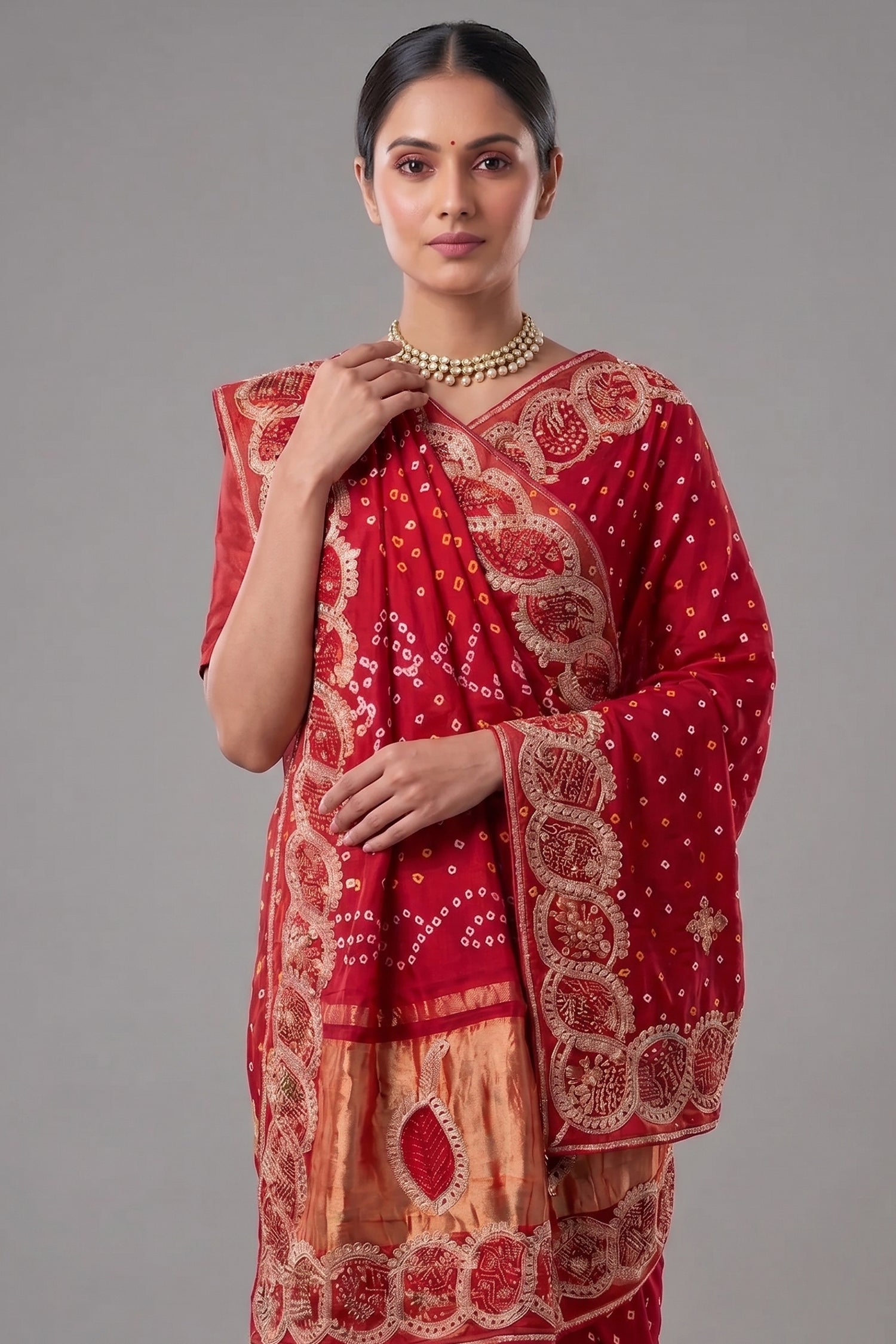 Red Dola Silk Bandhej Saree with Gota Work Secondary image