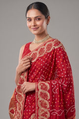 Red Dola Silk Bandhej Saree with Gota Work - red silk saree bandhej