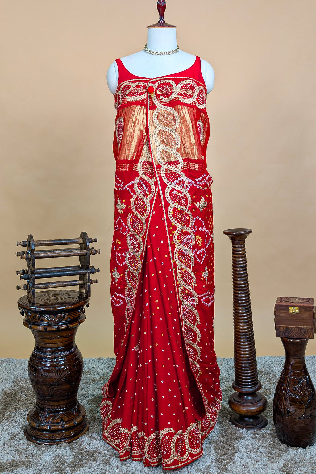 Red Dola Silk Bandhej Saree with Gota Work - red silk saree bandhej