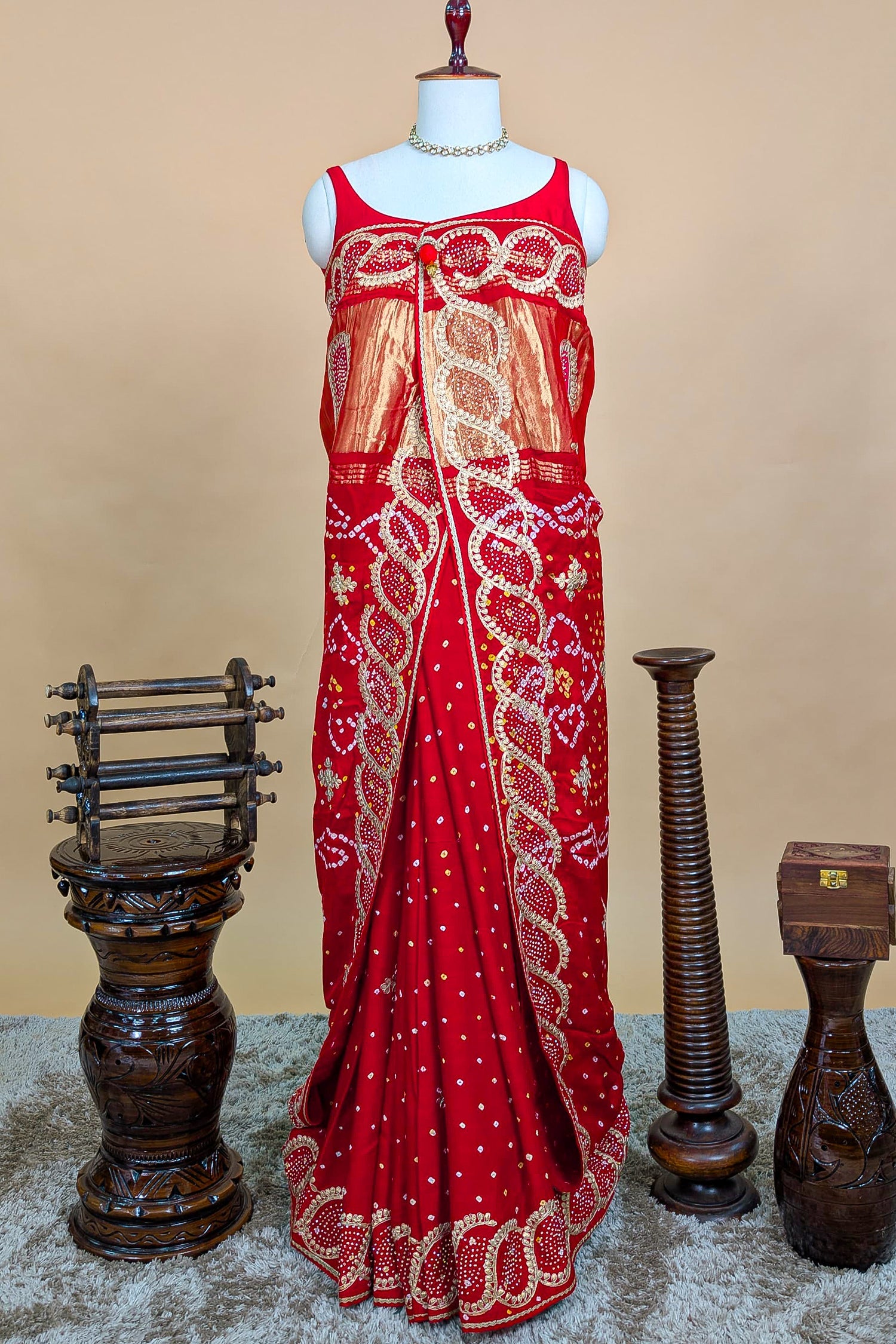 Red Dola Silk Bandhej Saree with Gota Work - red silk saree bandhej