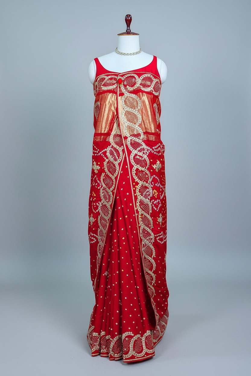 Red Dola Silk Bandhej Saree with Gota Work - red silk saree bandhej
