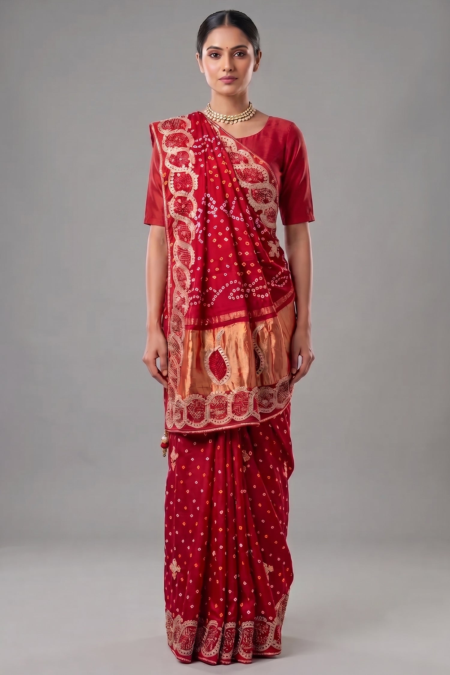 Red Dola Silk Bandhej Saree with Gota Work Main image