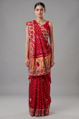 Red Dola Silk Bandhej Saree with Gota Work - red silk saree bandhej