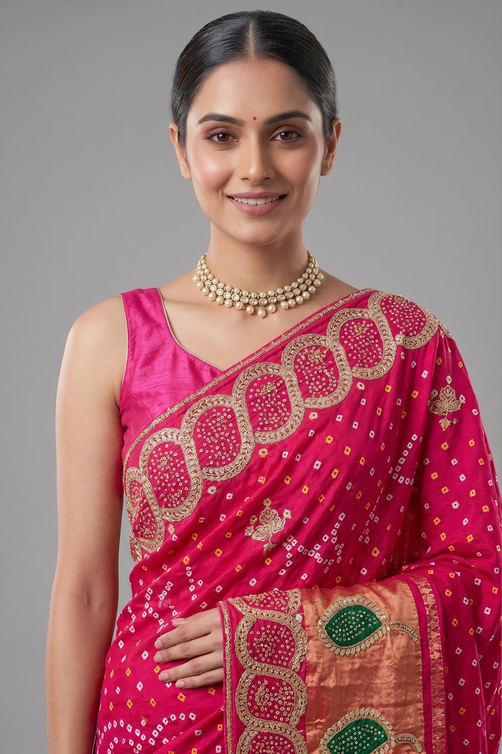 Pink Dola Silk Bandhej Saree with Gota Work - pink silk saree bandhej