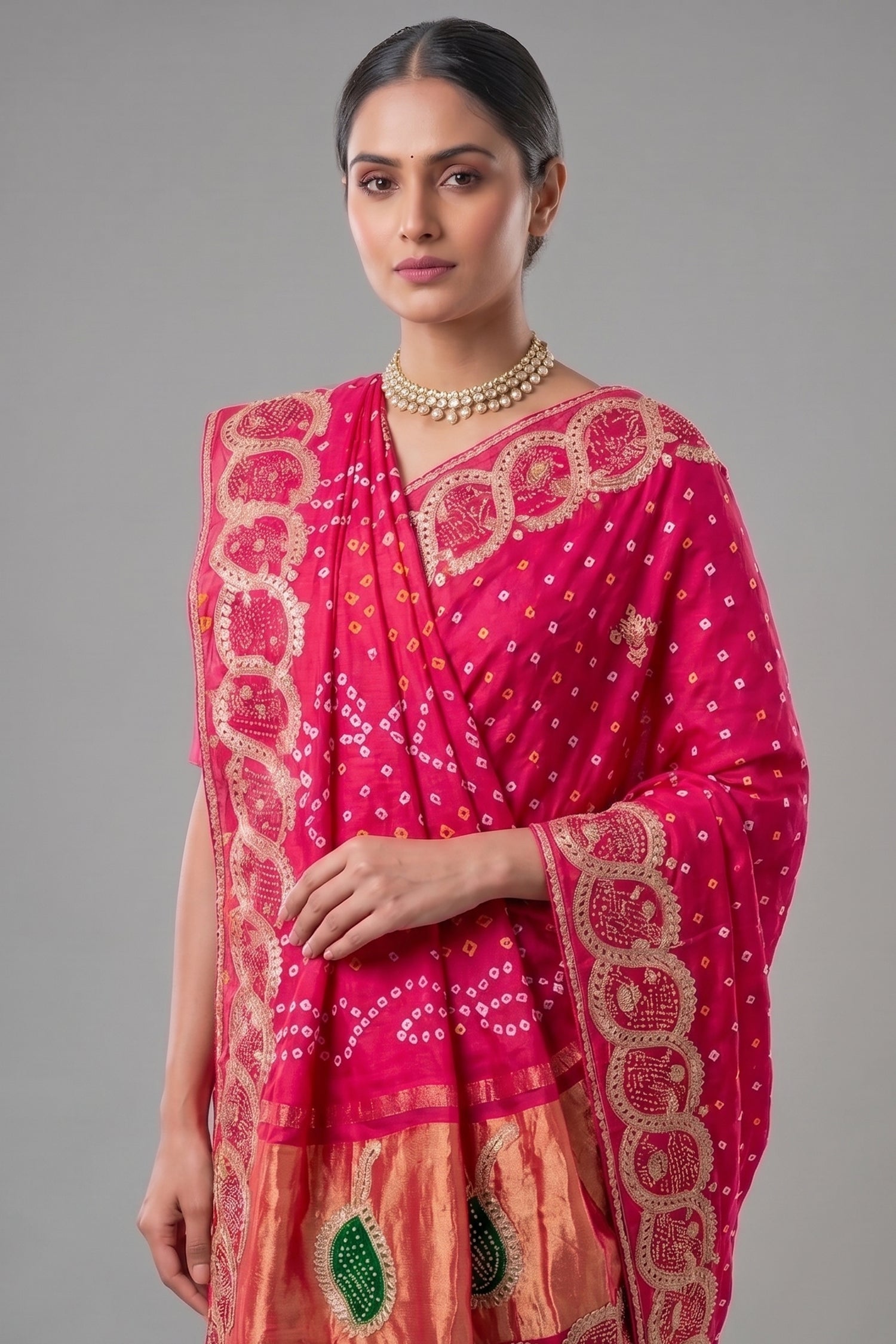Pink Dola Silk Bandhej Saree with Gota Work Secondary image