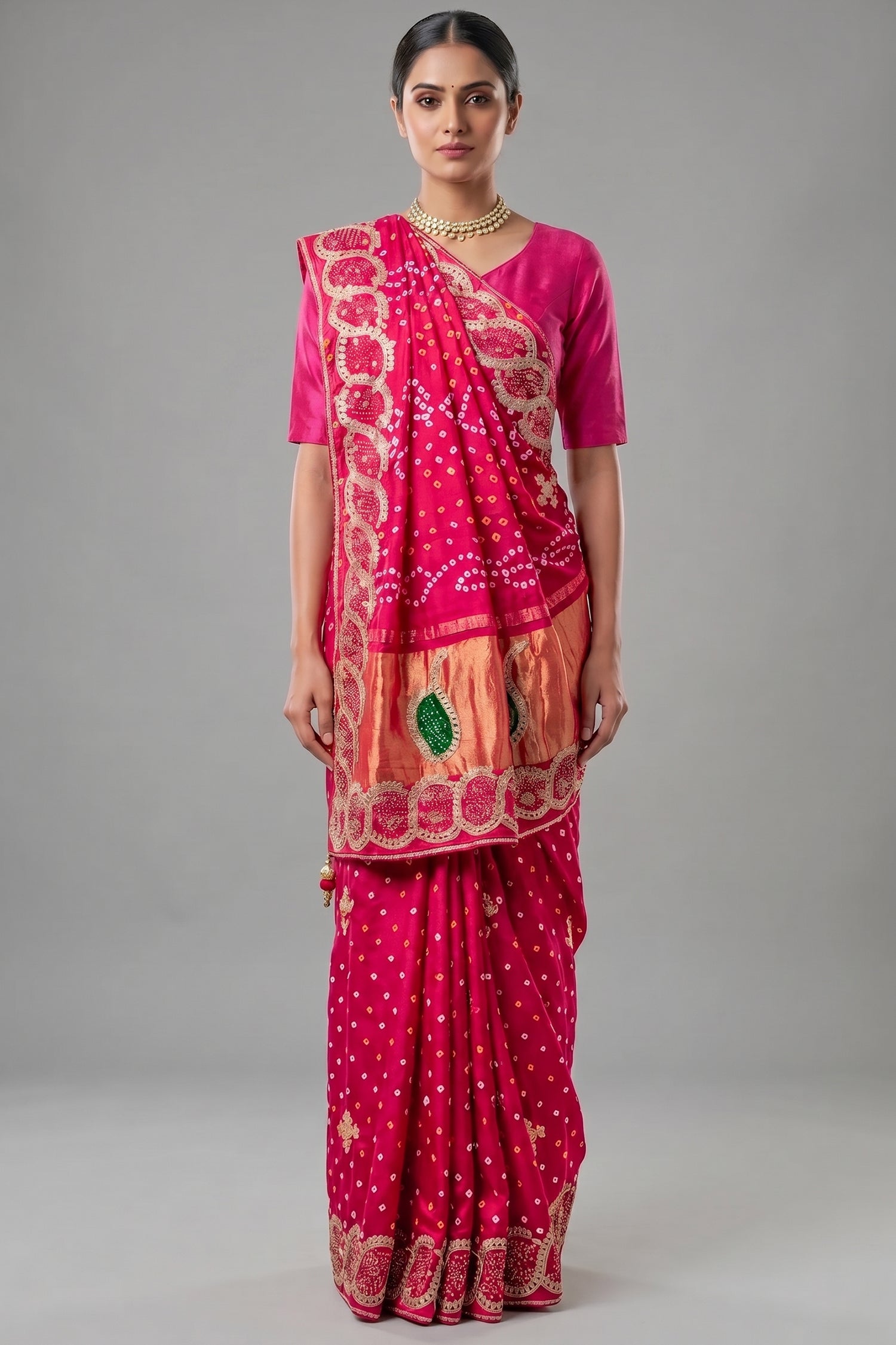 Pink Dola Silk Bandhej Saree with Gota Work Main image