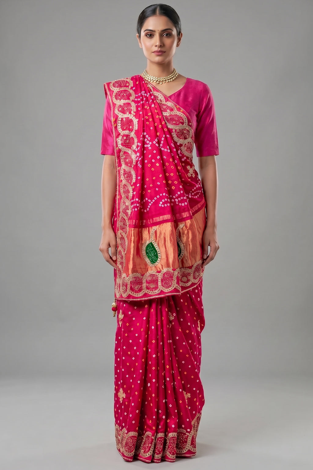 Pink Dola Silk Bandhej Saree with Gota Work