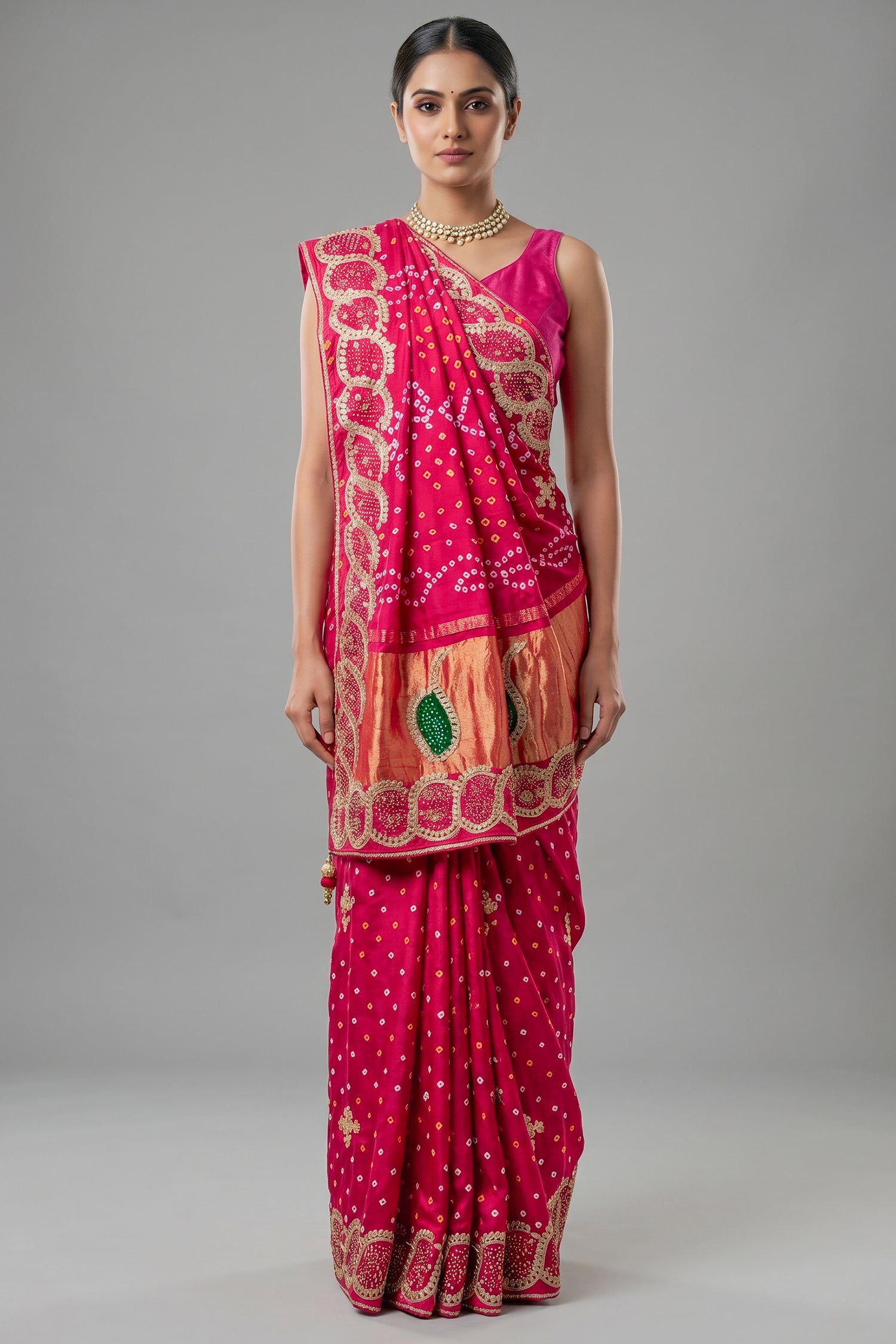 Pink Dola Silk Bandhej Saree with Gota Work - pink silk saree bandhej Main image