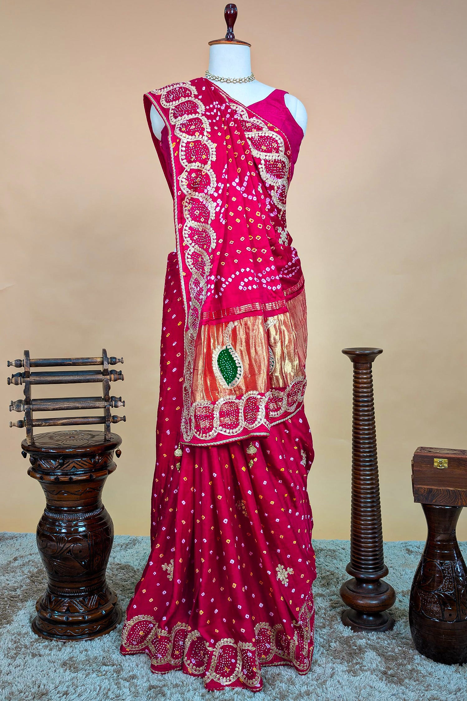 Pink Dola Silk Bandhej Saree with Gota Work - pink silk saree bandhej