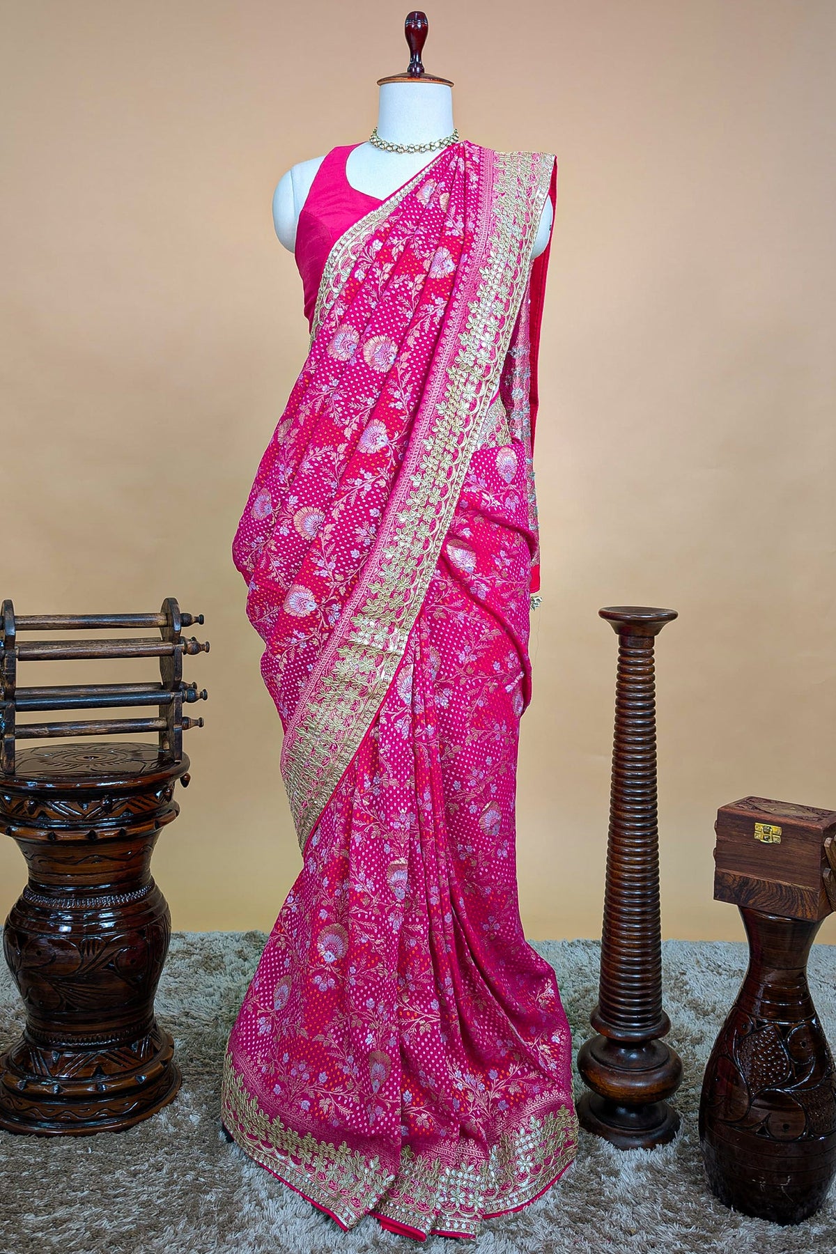 Pink Georgette Traditional Bandhej Saree with Gota Work