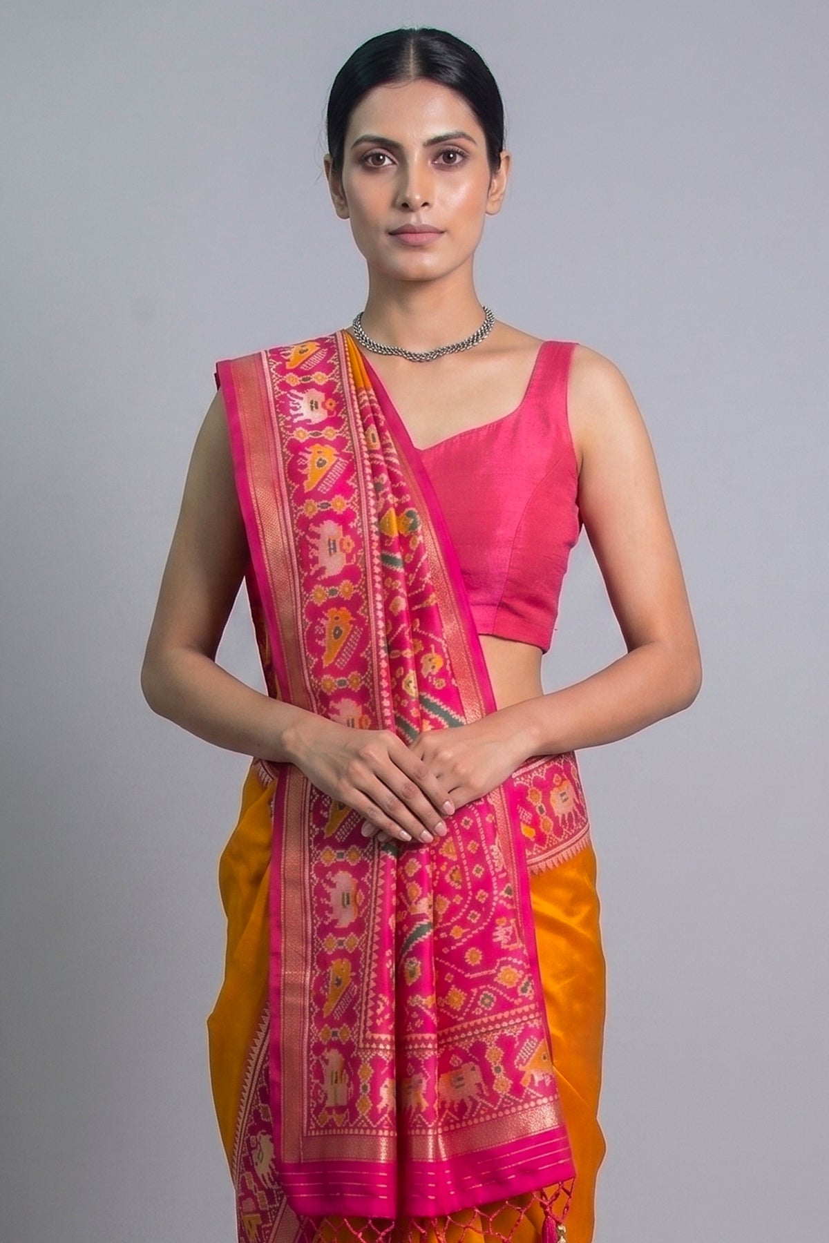 Orange Art Silk Saree with Patola Border and Contrast Pallu - orange silk saree patola