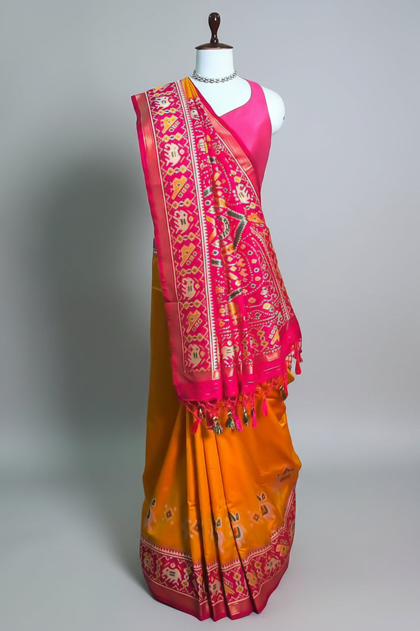 Orange Art Silk Saree with Patola Border and Contrast Pallu - orange silk saree patola